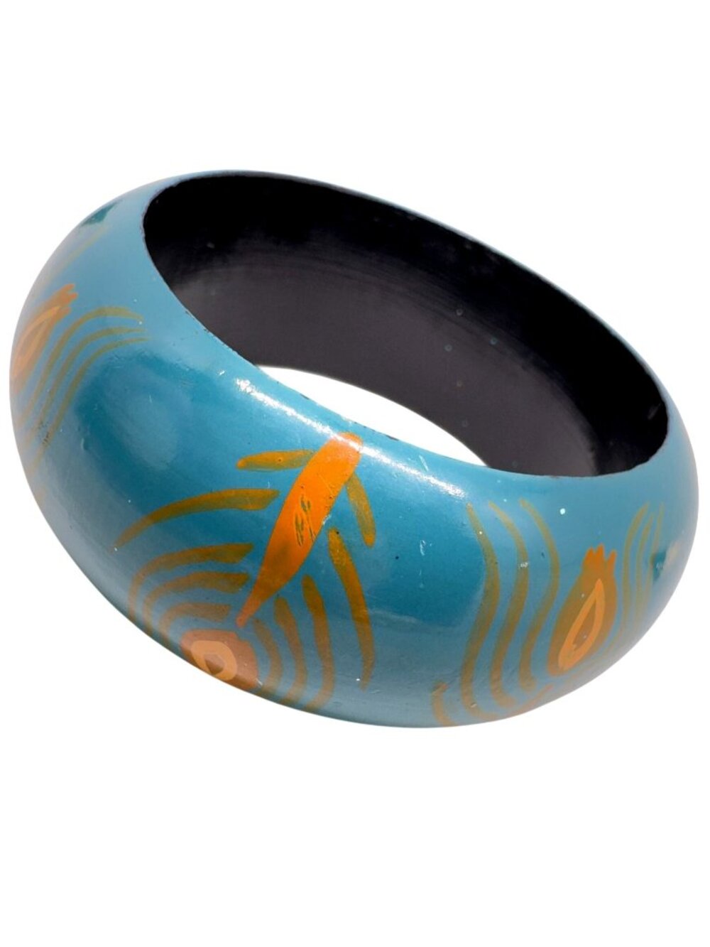 Hand-Painted Blue Wooden Bangle With Orange & Gold Leaf Motifs Size 7
